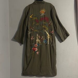 Johnny Was Embroidered Olive Green Long Kimono Coat